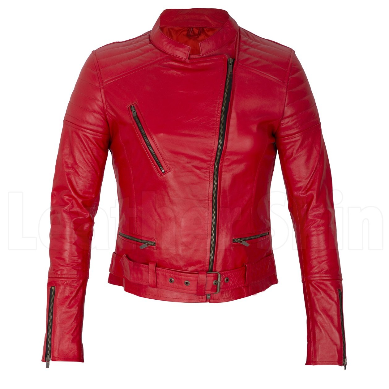 Women Red Belted Genuine Leather Jacket
