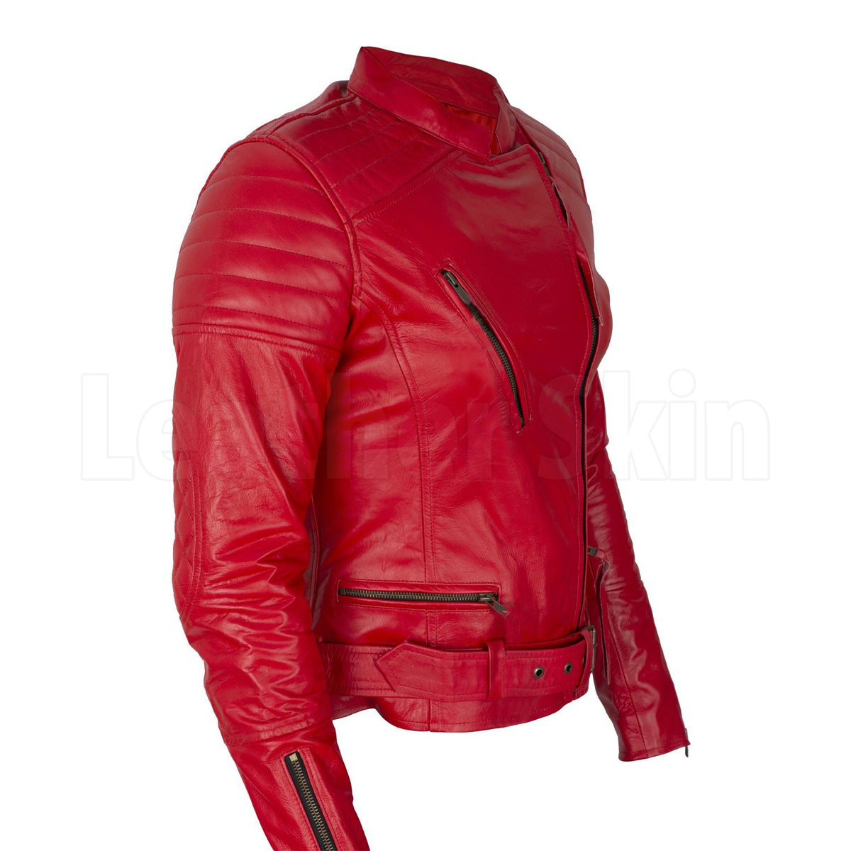 Virginia Red Belted Leather Biker Jacket