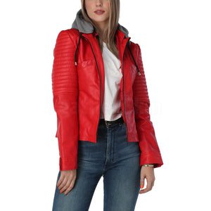 Jennifer Red Leather Jacket with Gray Hood