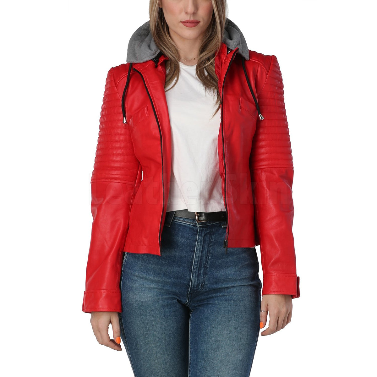 Jennifer Red Leather Jacket with Gray Hood