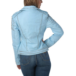 Women Sky Blue Studded Leather Jacket