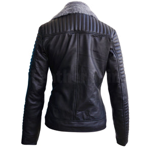 Women Black Hell Grey Fur Brando Padded Rib Quilted Genuine Leather Jacket