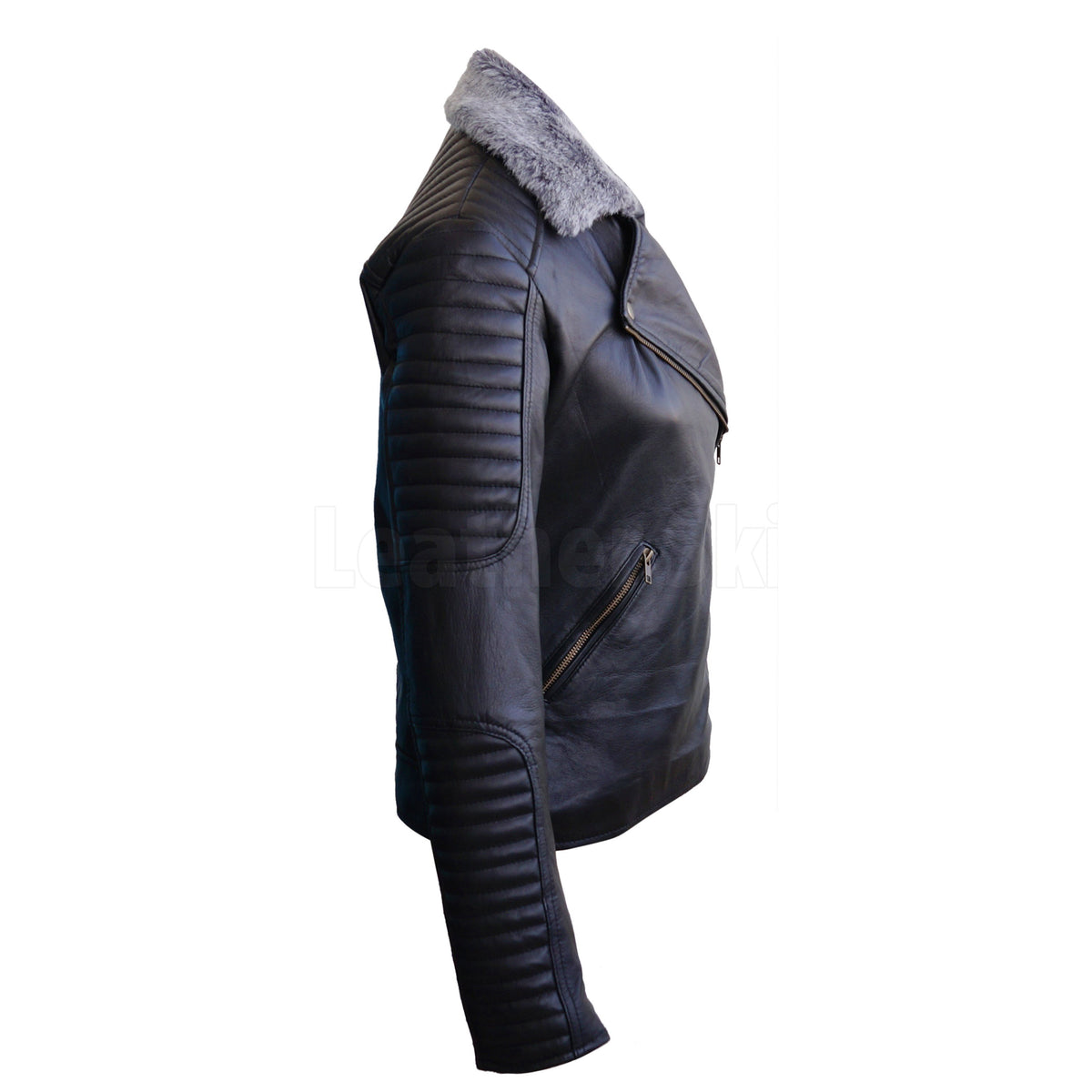 Women Black Hell Grey Fur Brando Padded Rib Quilted Genuine Leather Jacket