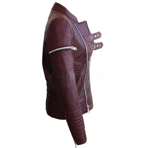 Distressed Maroon Red Sheep Skin Rib Quilted Genuine Leather Jacket