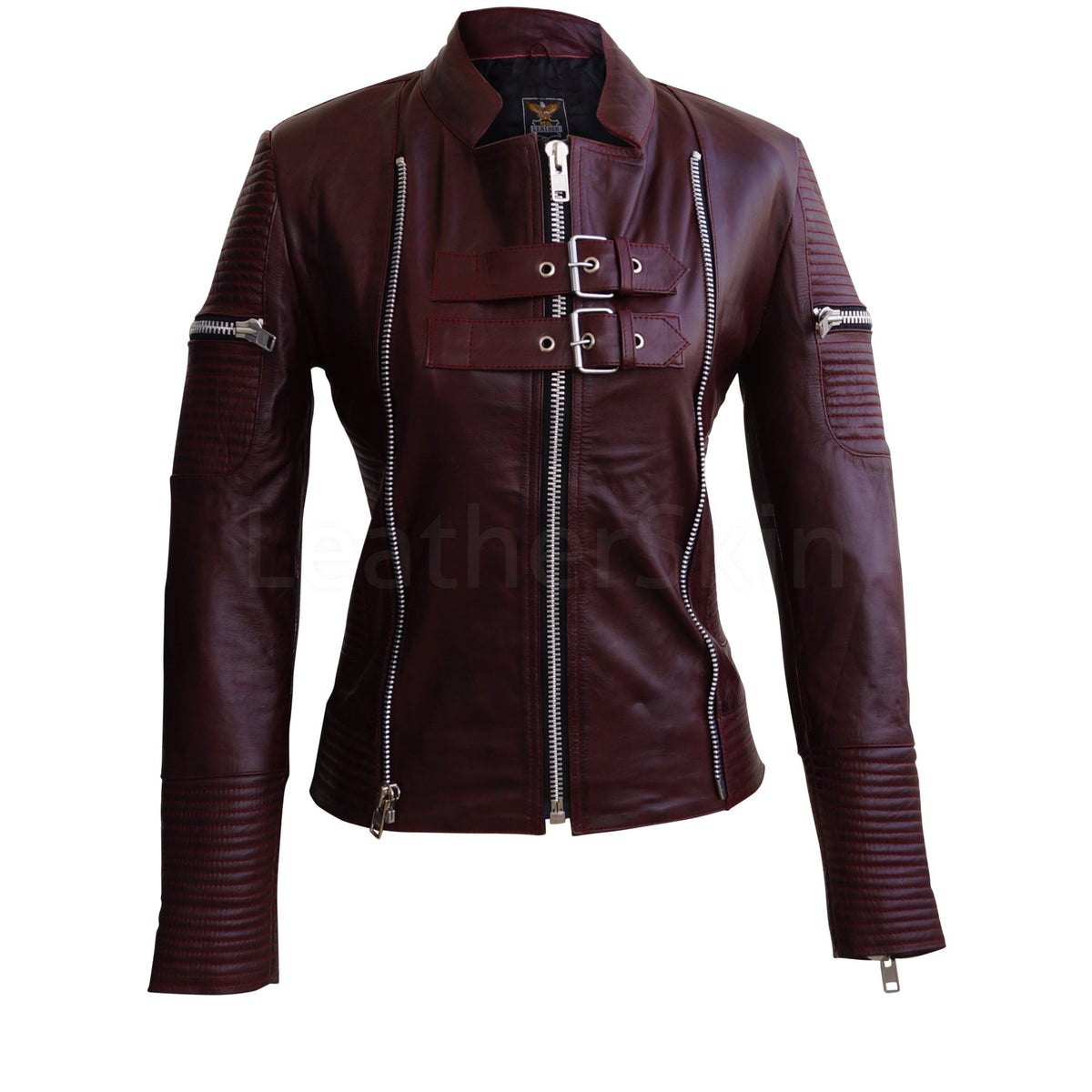 Women Distressed Maroon Red Sheep Skin Rib Quilted Genuine Leather Jacket