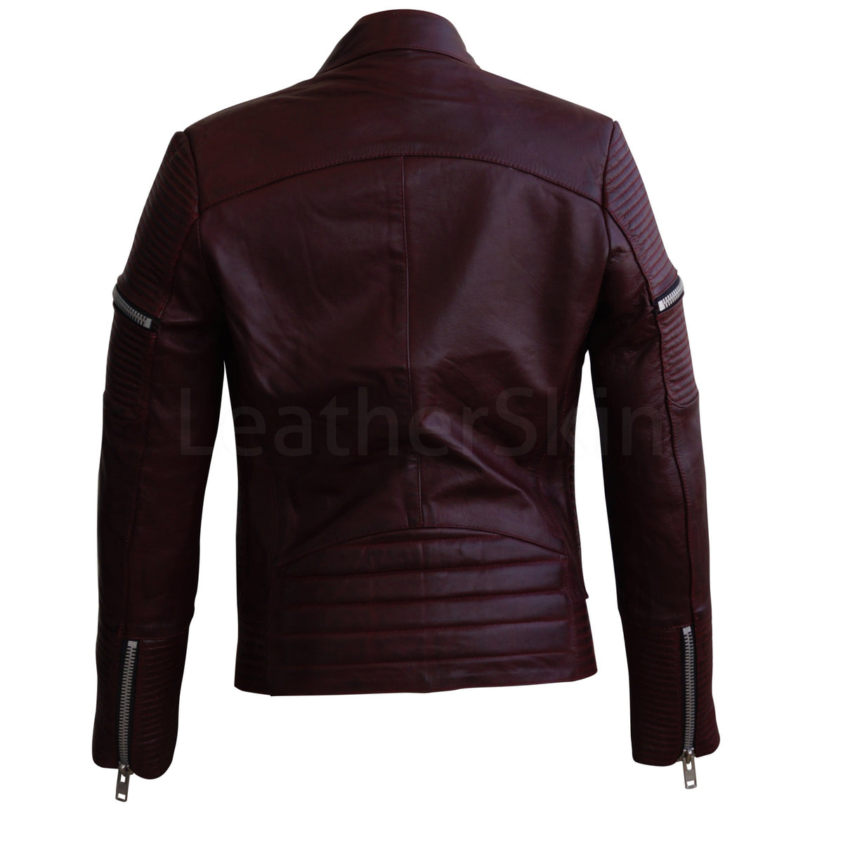 Distressed Maroon Red Sheep Skin Rib Quilted Genuine Leather Jacket