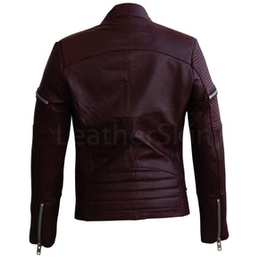 Distressed Maroon Red Sheep Skin Rib Quilted Genuine Leather Jacket