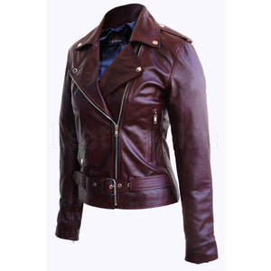 Women Distressed Red Brando Belted Sheep Leather Jacket with Epaulettes