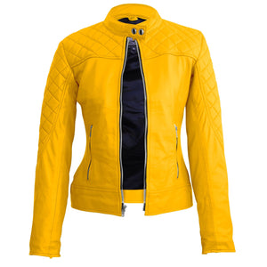 Leather Skin Women Yellow Quilted Genuine Leather Jacket