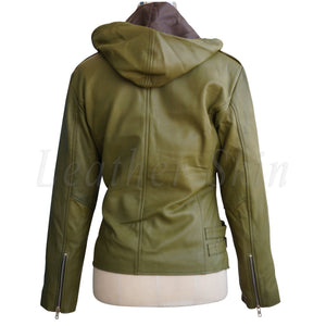 Women Olive Green Brando Detachable Hooded Hood Genuine Leather Jacket