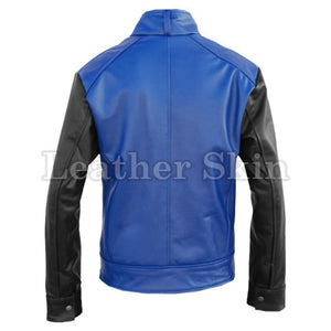 Leather Skin Men Blue Genuine Leather Jacket with Black Sleeves