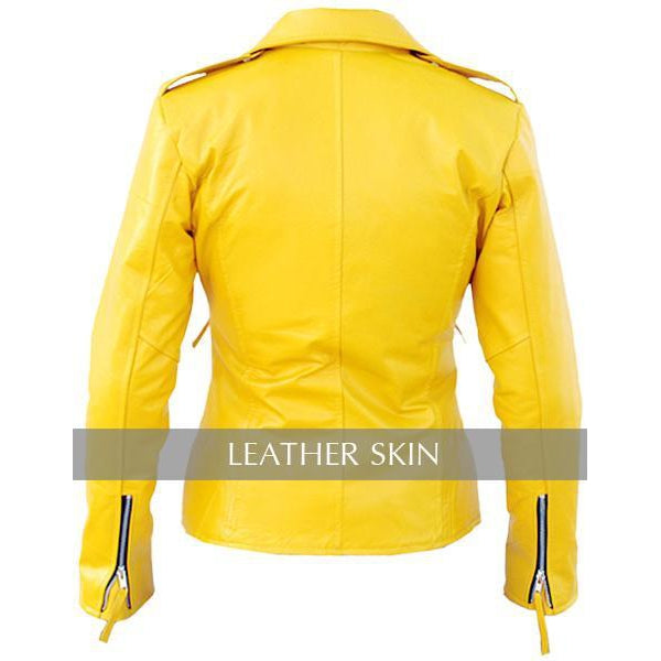 Leather Skin Women Ladies Bright Yellow Brando Genuine Leather Jacket