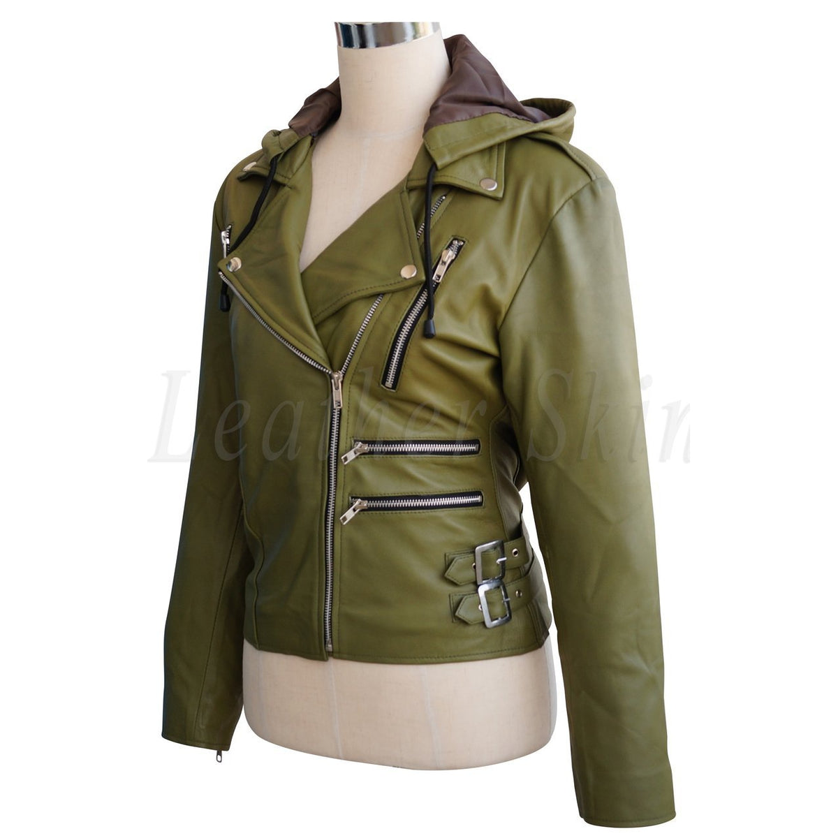 Women Olive Green Brando Detachable Hooded Hood Genuine Leather Jacket
