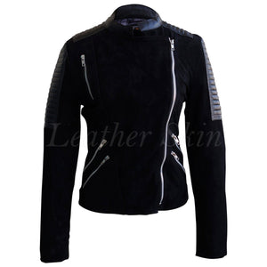 Leather Skin Women Black Brando Suede Sleeve Shoulder Padded Leather Jacket
