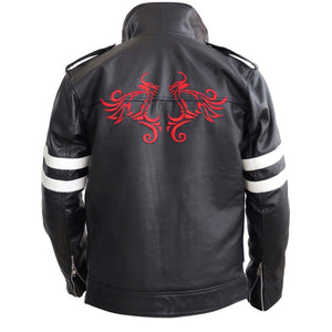 Leather Skin Black Leather Jacket with White Stripes and Dragon Embroided Patch
