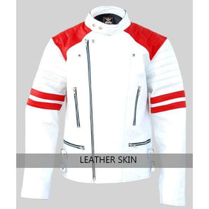 NWT White Men Mens with Red Patches Genuine Leather Jacket