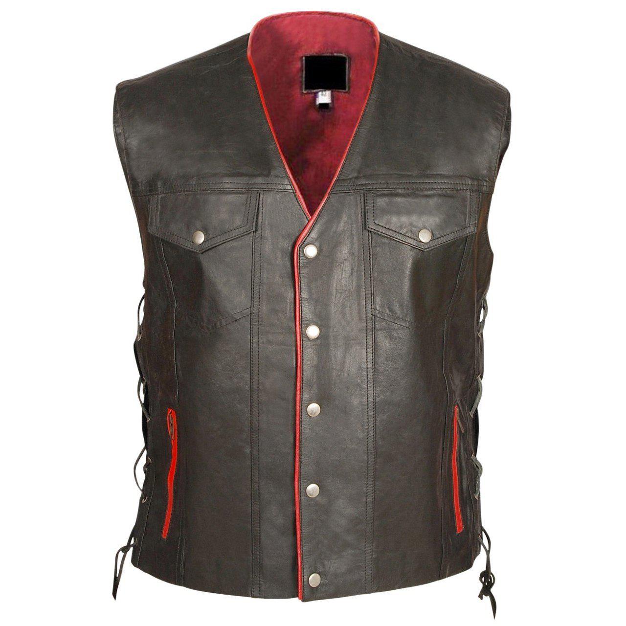 Leather Skin Mens Black Genuine Leather Vest with Red Lining