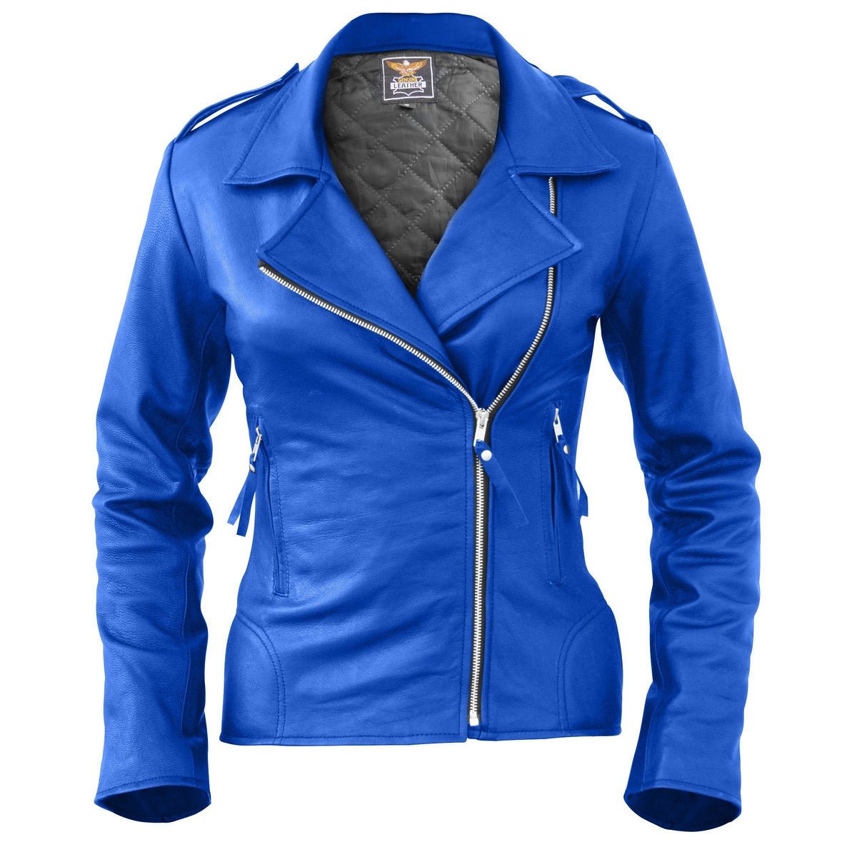 women blue leather jacket