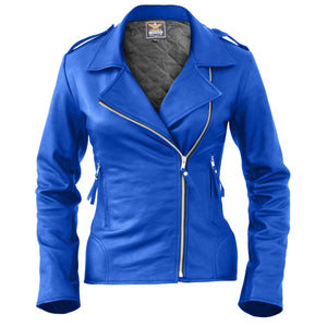 women blue leather jacket