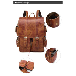 Men Multi-purpose and Spacious Distressed Brown Genuine Leather Backpack with a Belt Design