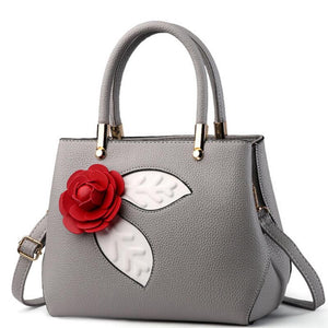 Women Light Grey Tote Messenger Handbag with Flower Front Side