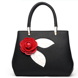 Women Black Color Tote Messenger Handbag with Flower Front Side