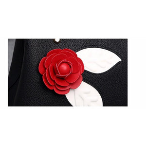 Women Black Tote Messenger Handbag Flower Design Closeup View