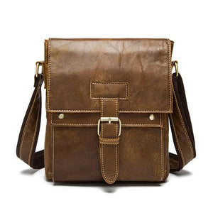 Men Genuine Leather Casual Solid Cross-body Messenger Bag with a Flap Belt Buckle Design