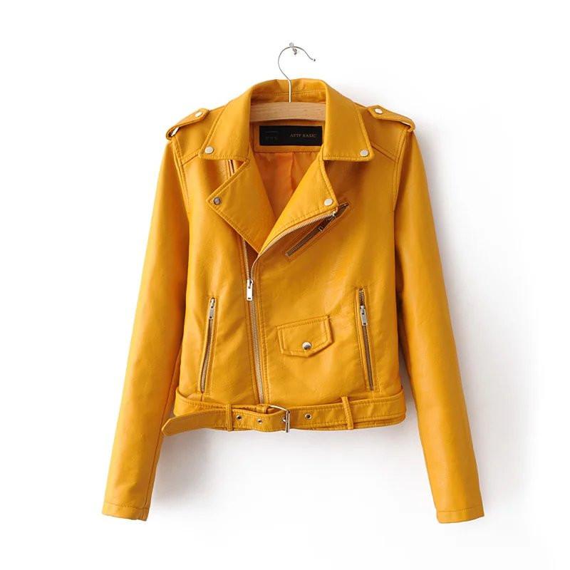 Women Yellow Brando Belted Leather Jacket with Shoulder Epaulettes