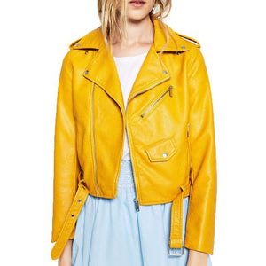 Women Yellow Brando Belted Leather Jacket with Shoulder Epaulettes