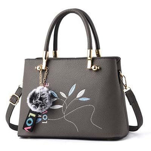 Women Tote Messenger Crossbody Love Embroidery Faux-Leather Bag with Fur Tassel