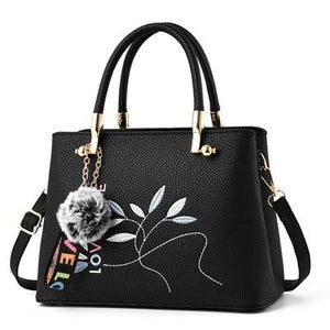 Women Tote Messenger Crossbody Love Embroidery Faux-Leather Bag with Fur Tassel