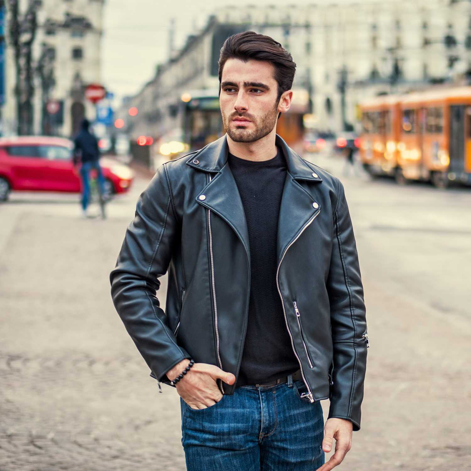 Leather jacket outfit men, Black leather
