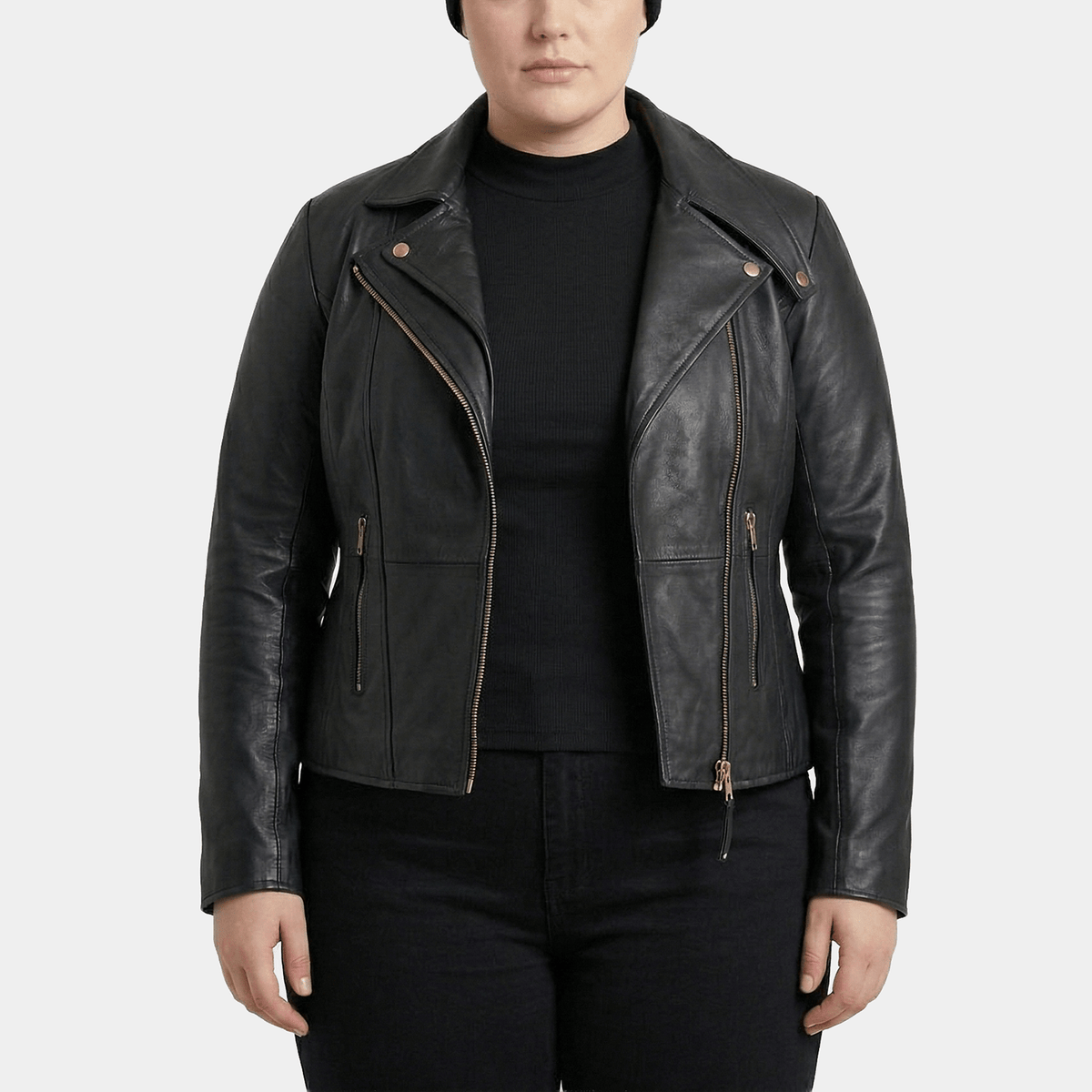 Auryn Plus Size Women's Black Leather Biker Jacket with Gold Hardware