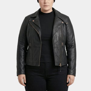Auryn Plus Size Women's Black Leather Biker Jacket with Gold Hardware