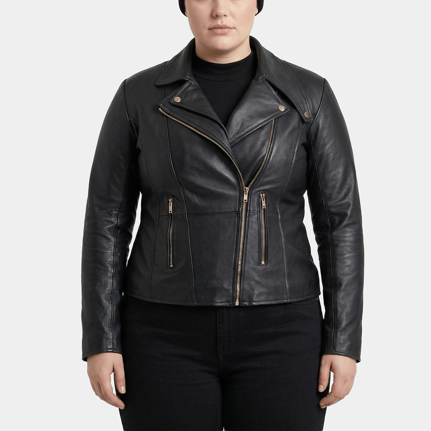 Auryn Plus Size Women's Black Leather Biker Jacket with Gold Hardware