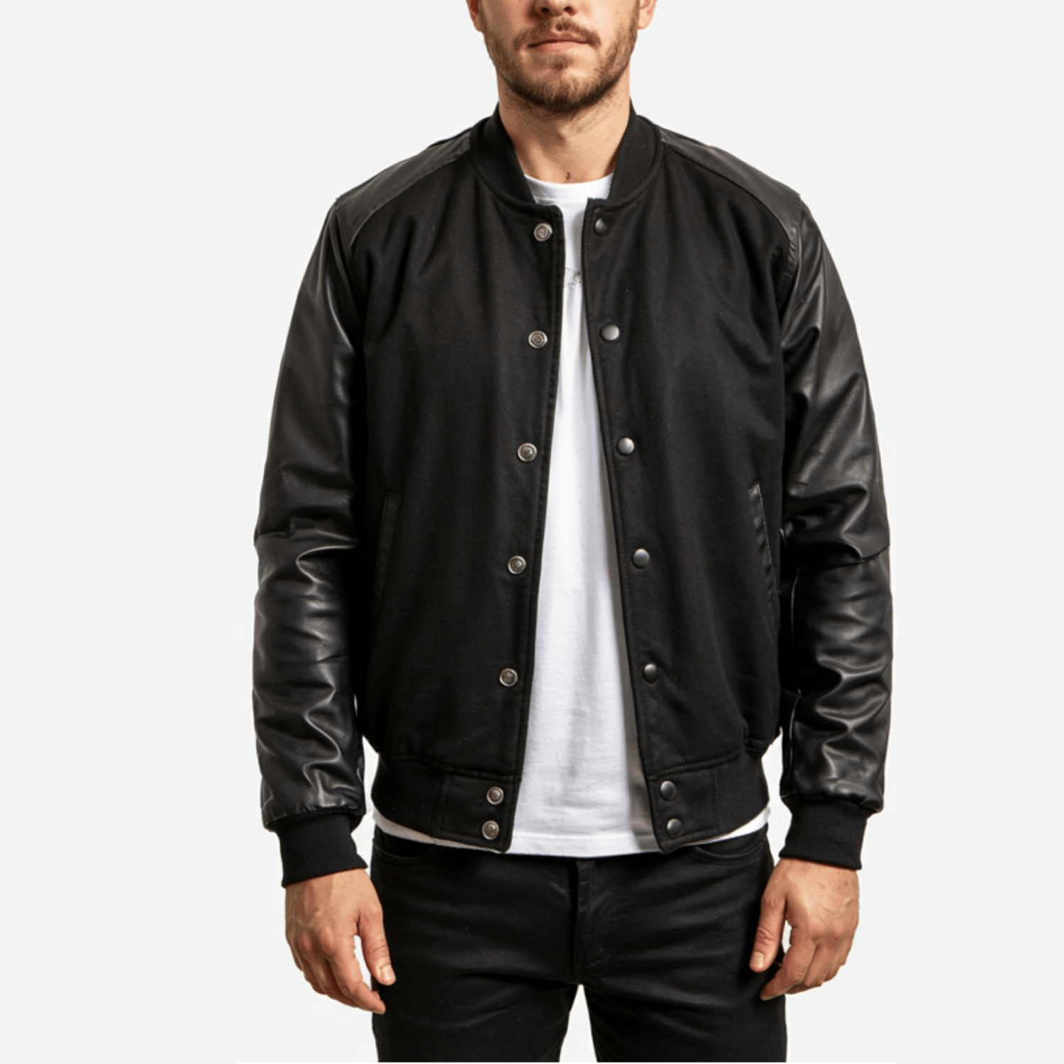 Axel Black Hybrid Varsity Bomber Jacket - Leather Skin Shop