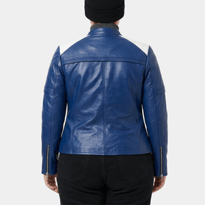 Caelyne Plus Size Women's Blue White Leather Café Racer Jacket