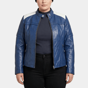 Caelyne Plus Size Women's Blue White Leather Café Racer Jacket