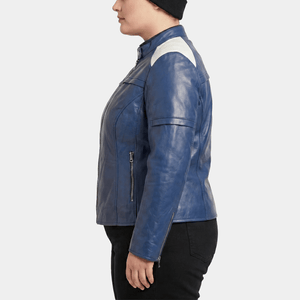 Caelyne Plus Size Women's Blue White Leather Café Racer Jacket