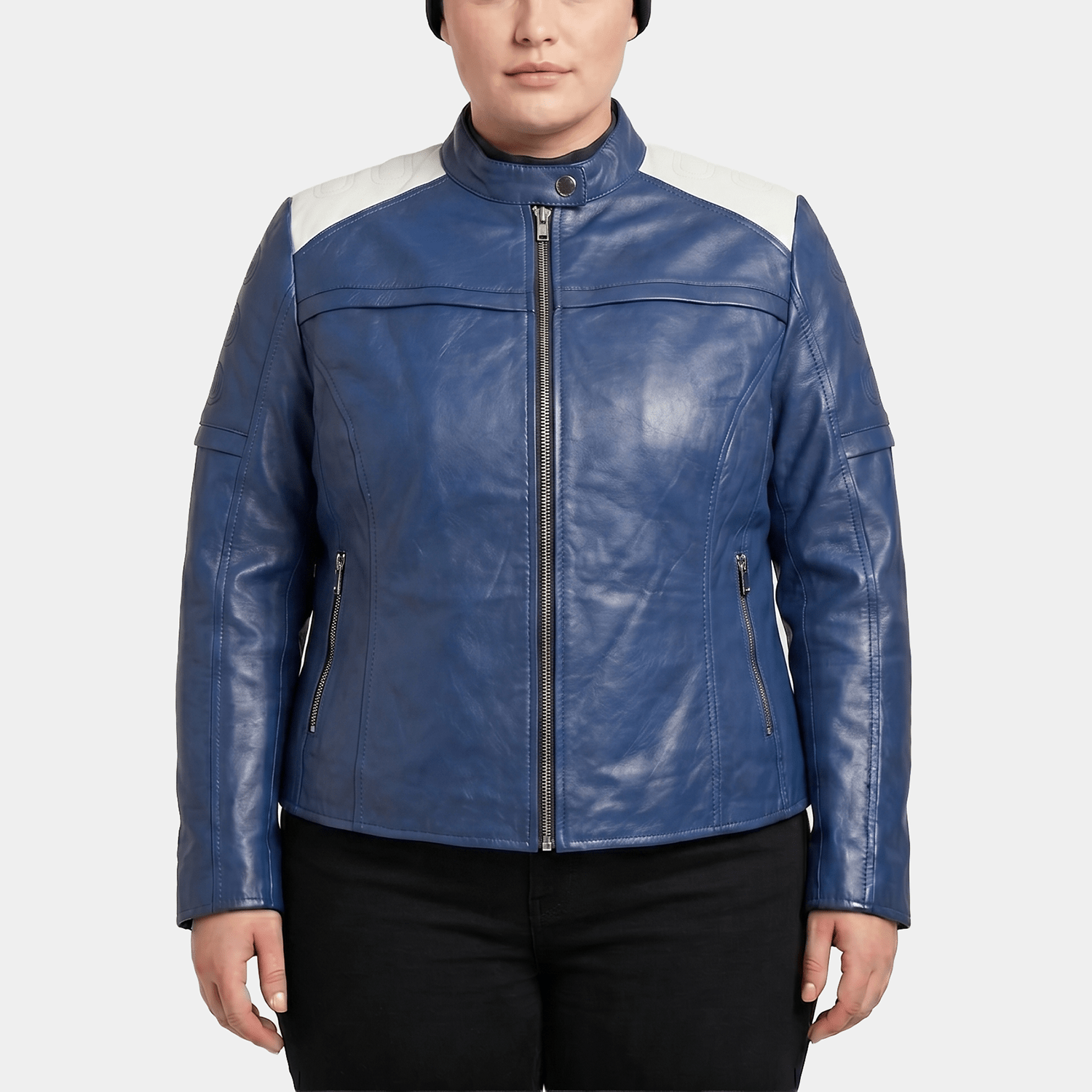 Caelyne Plus Size Women's Blue White Leather Café Racer Jacket