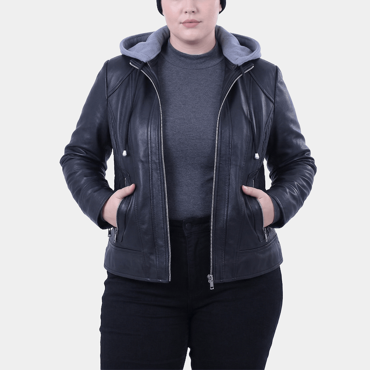 Harlow Plus Size Women's Black Leather Hooded Jacket