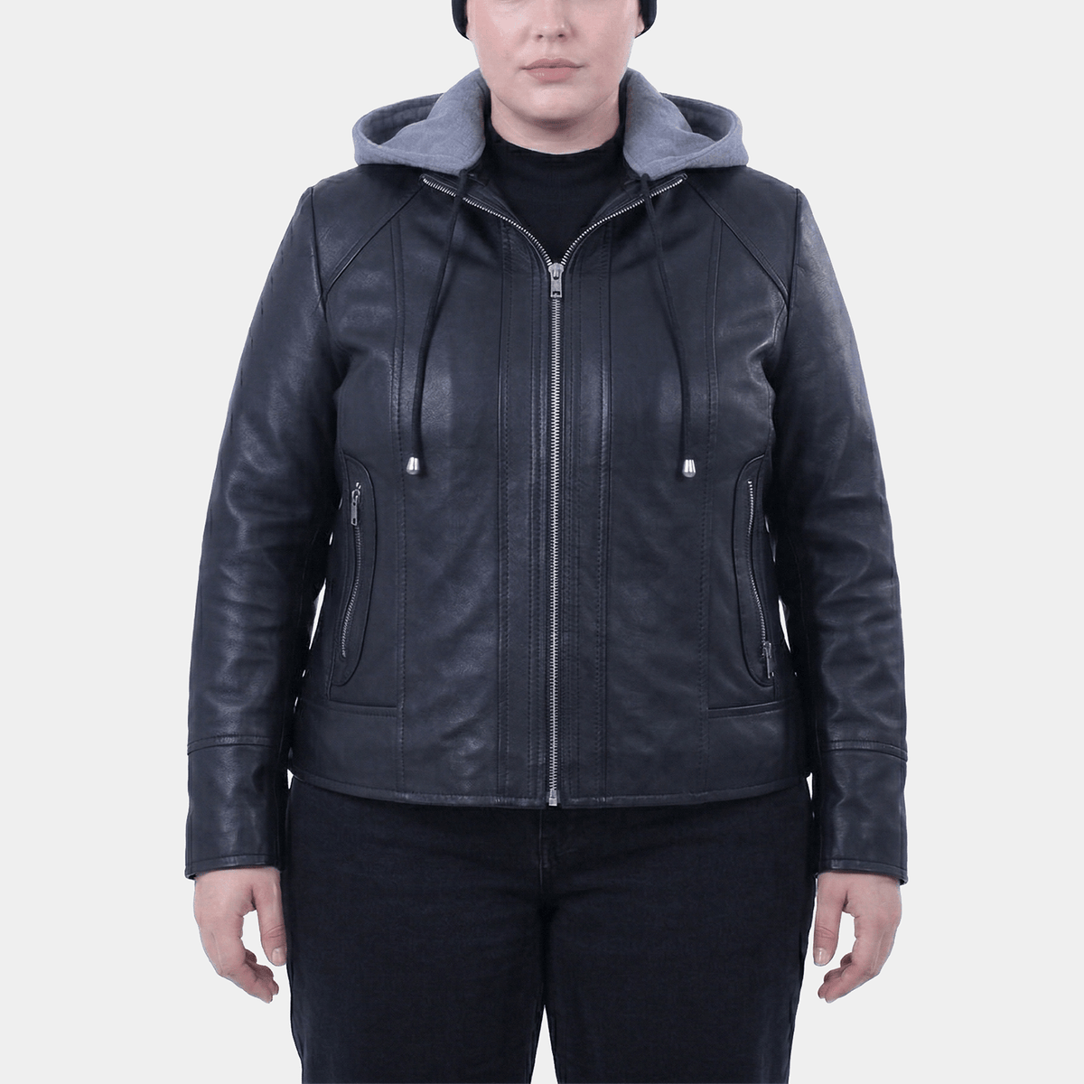 Harlow Plus Size Women's Black Leather Hooded Jacket