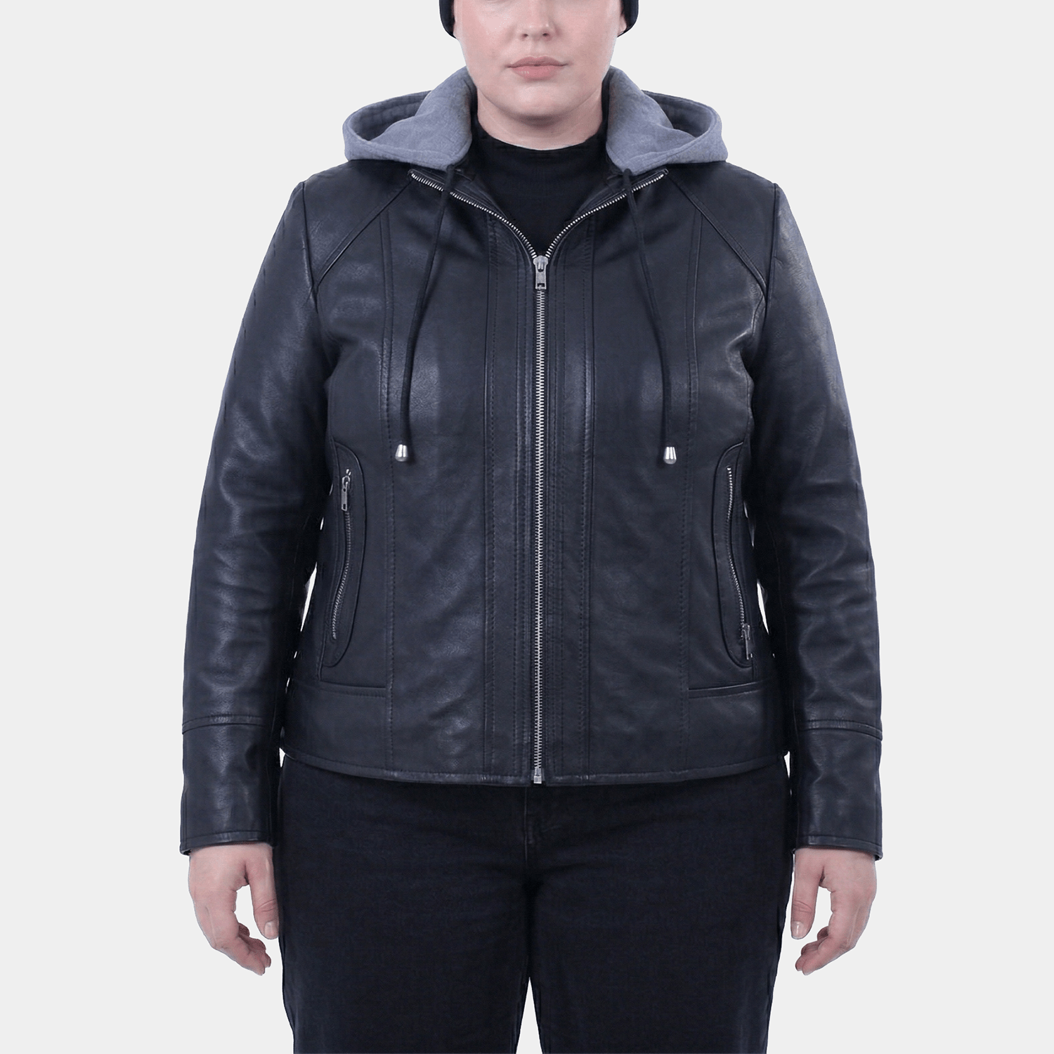 Harlow Plus Size Women's Black Leather Hooded Jacket