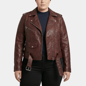 Marlowe Plus Size Women's Burgundy Distressed Leather Belted Moto Jacket