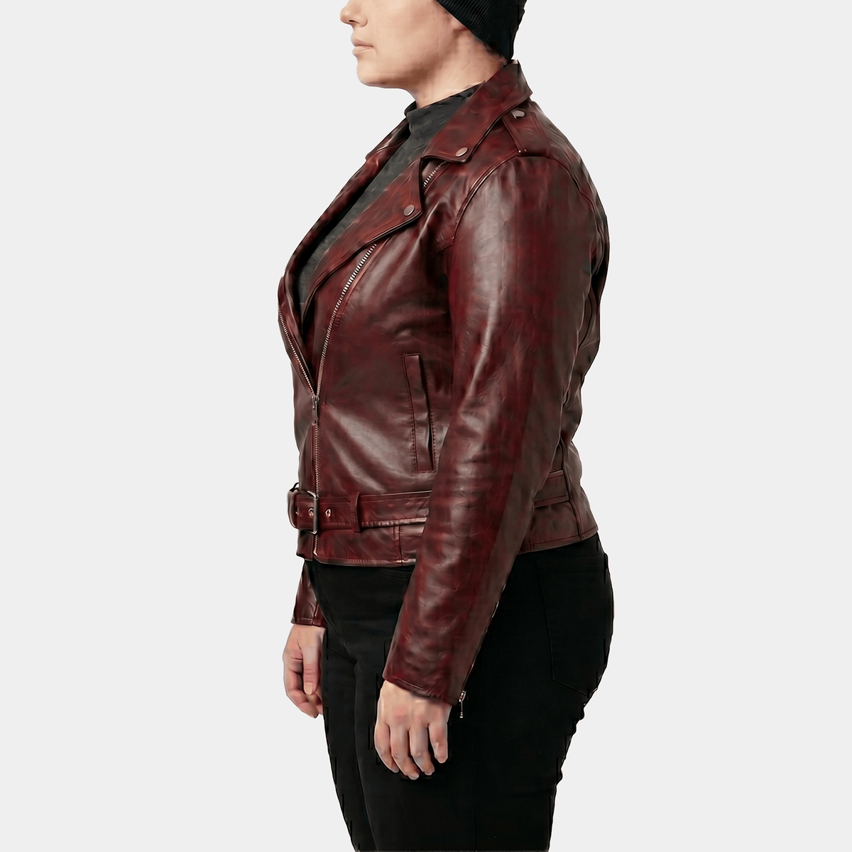 Marlowe Plus Size Women's Burgundy Distressed Leather Belted Moto Jacket