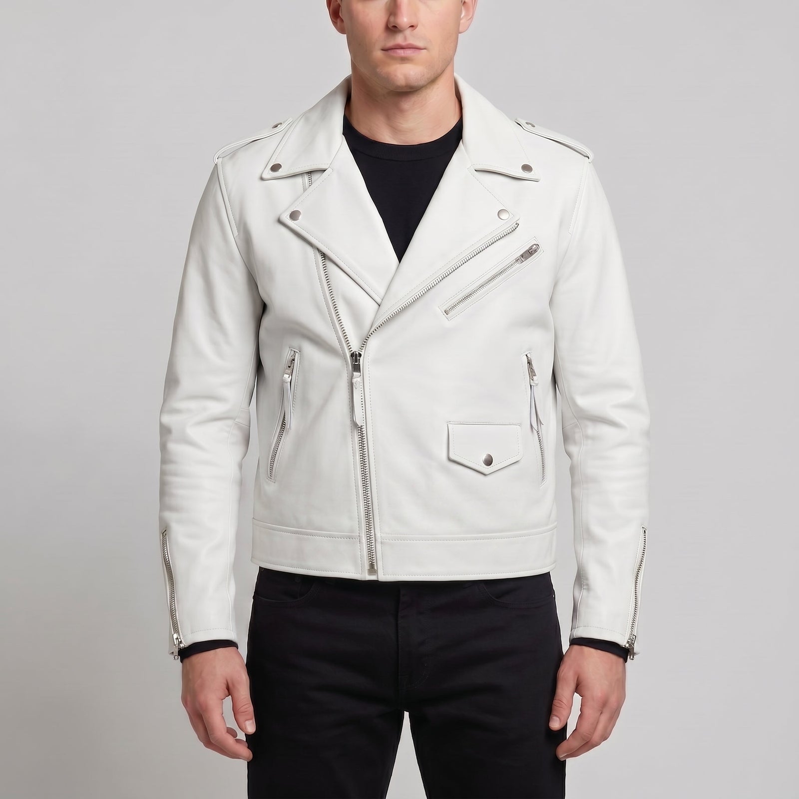 Leather Skin Men White Brando Biker Motorcycle Genuine Leather Jacket