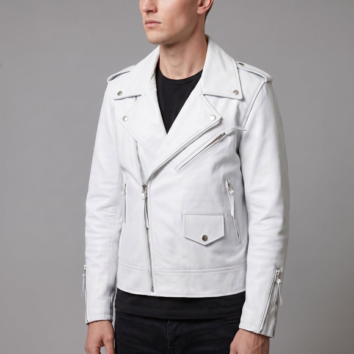 Leather Skin Men White Brando Biker Motorcycle Genuine Leather Jacket