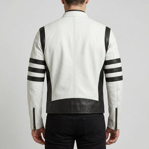 Men's White Leather Jacket with Black Patches