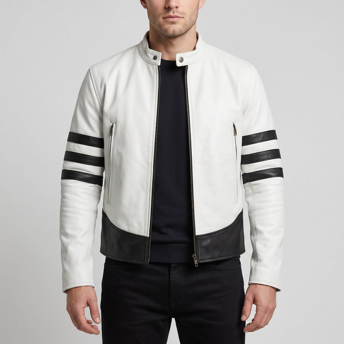 Men's White Leather Jacket with Black Patches
